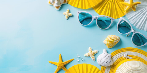 Flat lay Minimal summer holiday vacation concept, Top view beach accessories with sunglasses on blue background