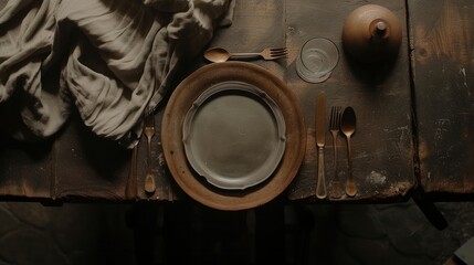 top view of plates with cutlery and cloth  