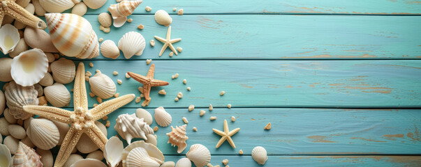 Flat lay Minimal summer holiday vacation concept, Top view rocks and seashell starfish on blue wood background