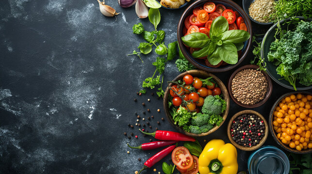 gesunde Lebensmittel auf einem Tisch angerichtet von oben in der Draufsicht mit Platzhalter für Text Werbung Marketing für Fitnessernährung Nahrungsmittel Generative AI