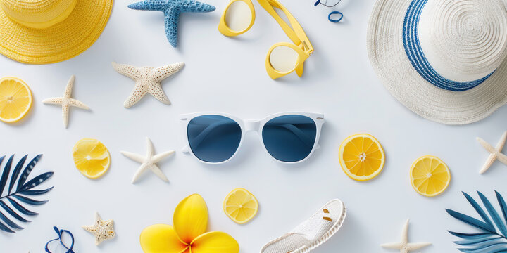 Flat lay Minimal summer holiday vacation concept, Top view beach accessories with sunglasses on withe background