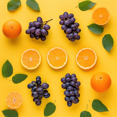 Top view flat lay background with fruits grapes orange slices with leaves on yellow