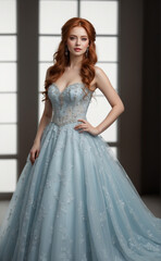 Beautiful woman with long red hair wear beautiful light blue wedding dress.