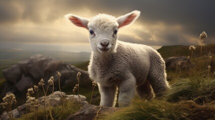 Fototapeta premium A little lamb is standing in a field. Agricultural industry.
