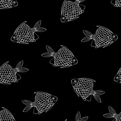 Hand Drawn Black and White Fish Background.