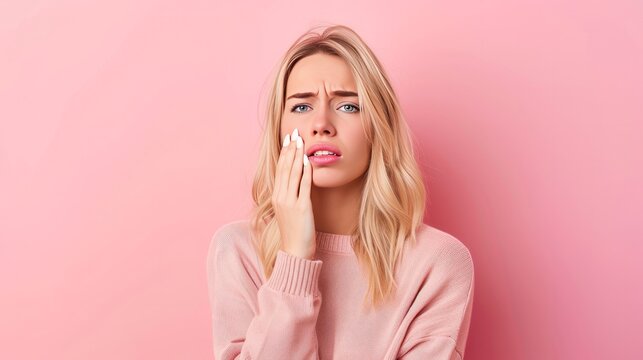 Young blonde woman standing over pink background touching mouth with hand with painful expression because of toothache or dental illness on teeth dentist   