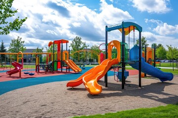 Childrens Play Area in Park, A Safe and Fun Space for Kids to Play and Explore, A colorful playground equipped with swings, slides, and seesaws, AI Generated
