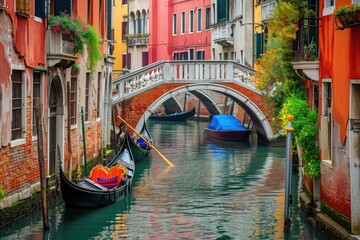 Fototapeta na wymiar Two gondolas peacefully resting in the water of a serene canal in the enchanting city of Venice, A colorful Venetian canal with gondolas gently floating under delicate bridges, AI Generated