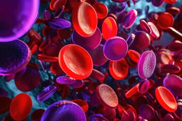 A mixture of red and purple blood cells seen floating in a liquid, A colossal poster-like visual of...