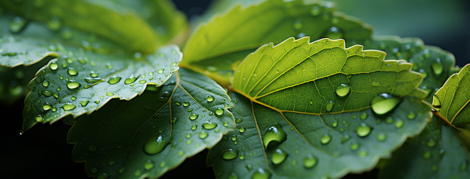A fresh wet macro closeup image of green natural plant leaves in a rain water dews on it
