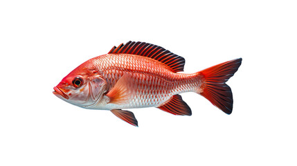 Side view of bright red and white freshwater fish in an aquarium.