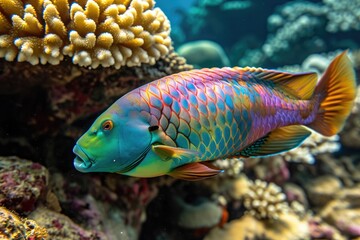 Naklejka na ściany i meble A vibrant and multi-colored fish swims gracefully in the clear water, showcasing its beauty and agility, A vividly coloured Parrotfish sneakily nibbling on some reef, AI Generated