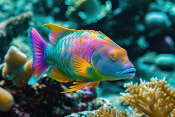 Fototapeta na wymiar A vibrant fish with bright colors swims gracefully in an aquarium filled with water and plants, A vividly coloured Parrotfish sneakily nibbling on some reef, AI Generated