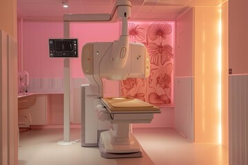 A room with a pink wall features a white robot standing next to a table, A warm, inviting depiction of a mammography machine, AI Generated