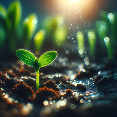Close up of a young plant sprouting from the ground with green bokeh background