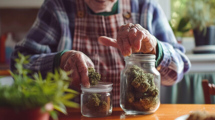 An elderly man prepares a prescription for medicine - a dose of cannabis buds. Using CBD in the Elderly to Reduce Rheumatism and Pain, Modern Medicine. Old people. Marijuana. - obrazy, fototapety, plakaty