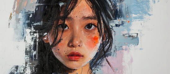 Asian girl painting portrait on white background