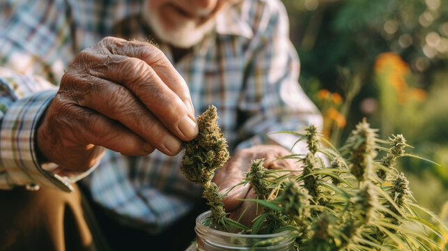 An elderly man prepares a prescription for medicine - a dose of cannabis buds. Using CBD in the Elderly to Reduce Rheumatism and Pain, Modern Medicine. Old people. Marijuana.