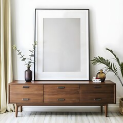 interior with mock-up photo frames with beautiful plants in different hipster and design pots, poster frame mockup with a green plant on a wooden table, white wall background.