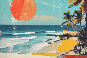 Retro tropical beach with collage art abstract background. Generative ai. - 731493109