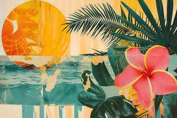 Retro tropical beach with collage art abstract background. Generative ai. - obrazy, fototapety, plakaty