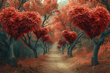  A scenic dirt road cutting through a forest of trees with vibrant red leaves in the beautiful autumn season, A whimsical forest with trees shaped like hearts, AI Generated © Iftikhar alam