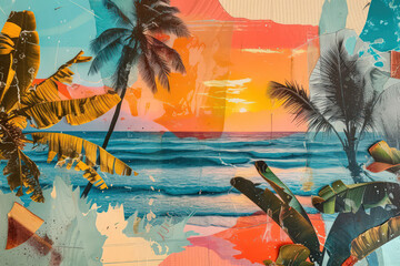 Retro tropical beach with collage art abstract background. Generative ai. - obrazy, fototapety, plakaty