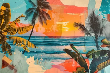 Poster Retro tropical beach with collage art abstract background. Generative ai. © tonktiti