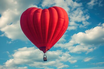 Fototapeta premium A vibrant red heart-shaped balloon gracefully floats high above the ground, A whimsical hot air balloon shaped like a giant heart, AI Generated