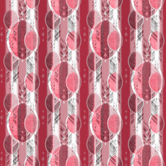 Seamless abstract geometric pattern. Pink and red ornament on a white striped background. - 731493308
