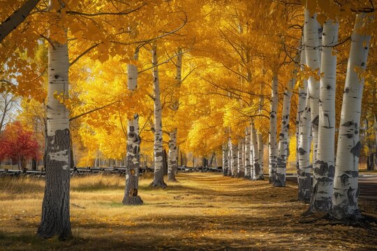 A grove of trees with yellow leaves stands tall and vibrant in the autumn season, A whimsical procession of quaking aspen trees in a park, AI Generated