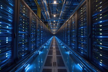 Rows of computer servers lined up in a vast data center, hosting and processing large amounts of digital information, A wide-angle view of a massive server farm, AI Generated