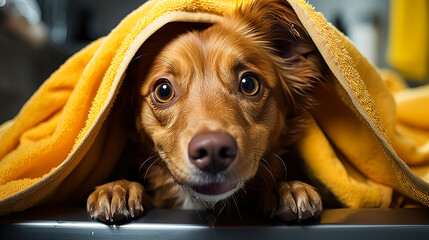 A dog wrapped in a yellow towel after a bath