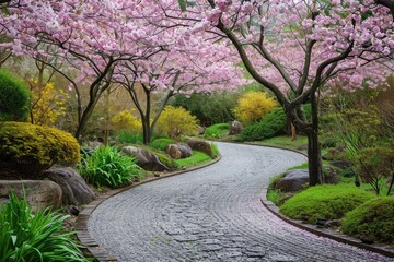 Obraz premium A Winding Road With Trees and Pink Flowers, A winding pathway through a tranquil Japanese garden with cherry blossoms in bloom, AI Generated