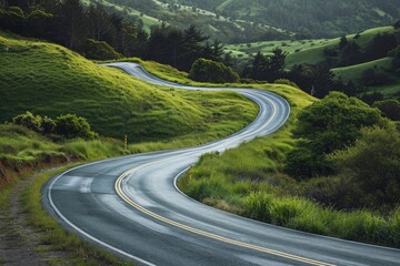 Fototapeta premium A photograph capturing a winding road as it curves through a vibrant green hillside in a rural setting, A winding road leading upwards to signify the relentless rise of inflation, AI Generated