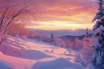 Fotobehang A photo of a winter scene showing a snowy landscape with tall trees and majestic mountains in the background, A winter sunset painting the snowy landscape with hues of pink and orange, AI Generated © Iftikhar alam