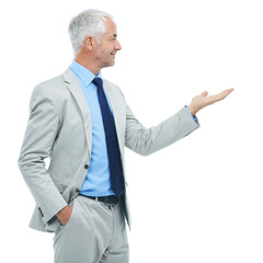 Hand, mockup and senior businessman in studio for marketing, promotion or advertising. Career, space and professional mature male lawyer with open palm for presentation gesture by white background.