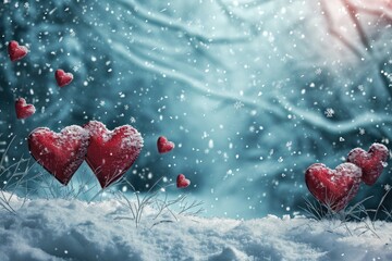 A close-up photograph of a painting depicting red hearts arranged in a snowy landscape, A wintery Valentineâ€™s Day scene with heart shaped snowflakes, AI Generated