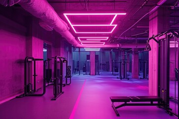 An unoccupied gym filled with purple lighting and featuring rows of benches, A women-only gym...