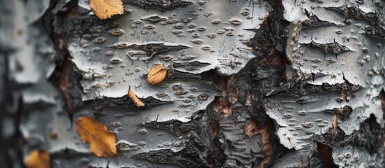 A detailed view of the bark of a silver birch tree.