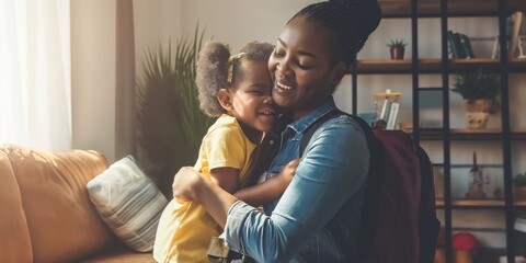 Generated imageGetting ready, morning and a mother with a child for school, leaving kiss and talking in the living room. Happy, speaking and an African mom helping a girl with a backpack in a house fo