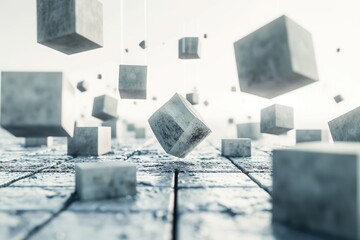 A collection of cubes suspended in the air, defying gravity, Abstract 3D cubes levitating over a monochrome futuristic landscape, AI Generated
