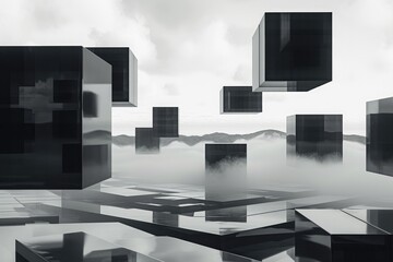 This black and white photograph captures multiple cubes suspended in mid-air, defying gravity, Abstract 3D cubes levitating over a monochrome futuristic landscape, AI Generated