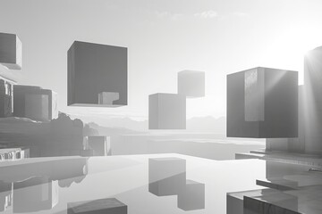 This black and white photo captures the silhouette of various urban buildings against the backdrop of a dusky sky, Abstract 3D cubes levitating over a monochrome futuristic landscape, AI Generated