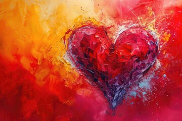 A painting showing a heart shape on a background of red and yellow colors, Abstract art interpretation of love and romance for Valentineâ€™s Day, AI Generated