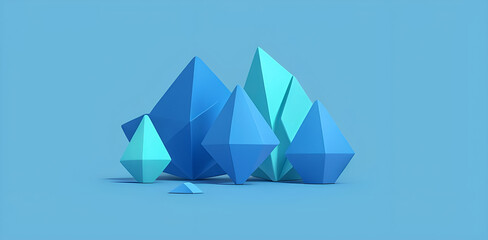 low poly art representation of a group of icebergs in shades of blue. There is a smaller blue