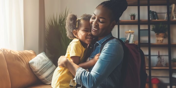 Generated ImageGetting Ready, Morning And A Mother With A Child For School, Leaving Kiss And Talking In The Living Room. Happy, Speaking And An African Mom Helping A Girl With A Backpack In A House Fo