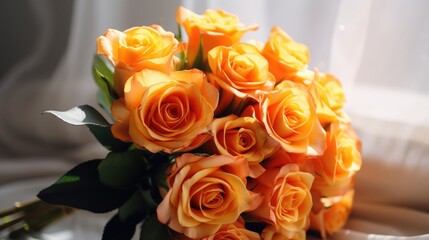 A bouquet of yellow, orange roses for congratulations on Mother's Day, Valentine's Day, Women's Day. Blurred background.