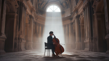 Obraz na płótnie Canvas A man plays the cello in an ancient building 