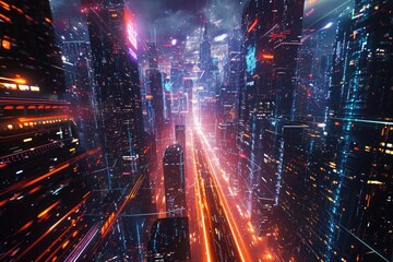 A photo capturing the vibrant lights of a futuristic city at nighttime, Abstract envisioning of a high-tech, futuristic cyber city, AI Generated